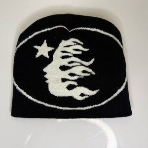 Black and White Beanie with Moon Flame Graphic